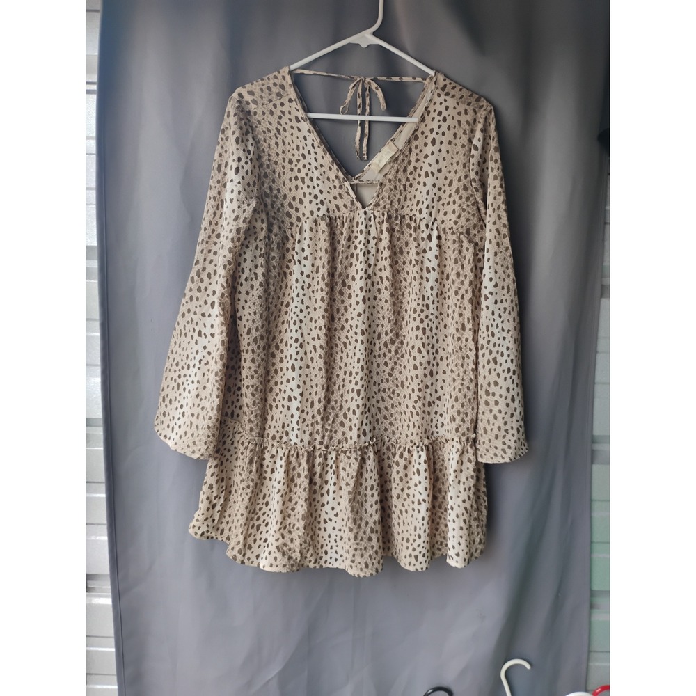 Altar'd State Cheetah Print Babydoll Mini Dress Long Sleeve V-Neck Tan XS